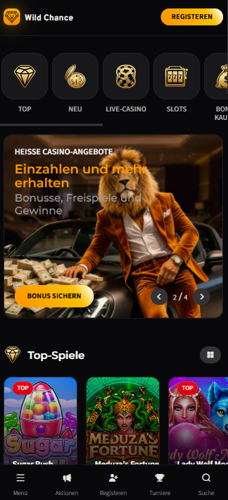 Startseite des besten Online Casinos Wildchance mit Casino Angeboten, und den top Spielen.