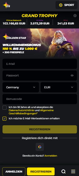 Startseite im Golden Star zeigt Willkommensbonus und Anmeldeformular