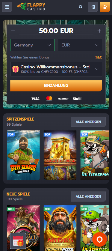 Flappy Casino Hauptseite