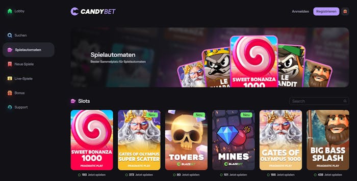 Candybet Casino Screenshot mit der Startseite, welche die Casino Slots zeigt.