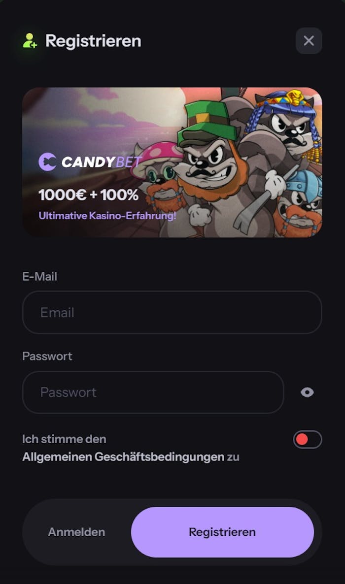 Screenshot vom Candybet Casino mit der Anmeldeseite, auf welcher die Daten zum Anmelden eingegeben werden.