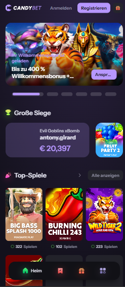 Candybet Casino Screenshot mit der Startseite, welche die Casino Slots zeigt.