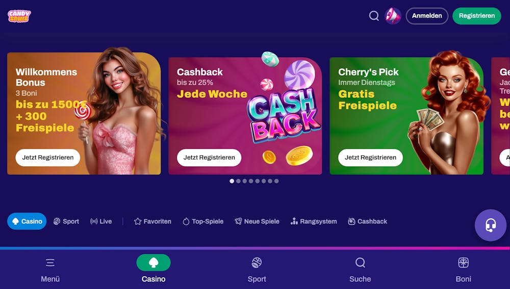 Die Homepage von Candy Spinz Casino mit Informationen über verschiedene Bonusangebote