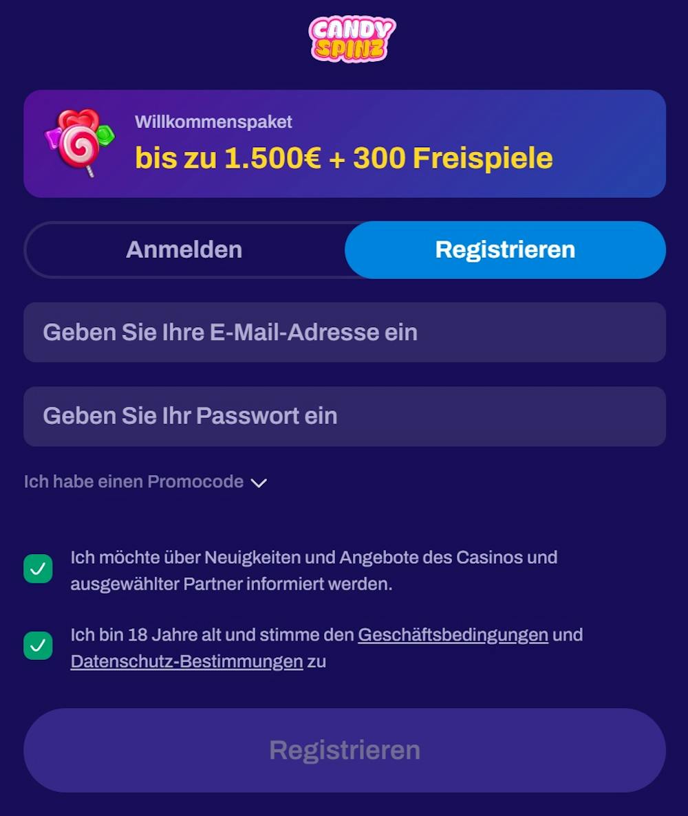 Das Registrierungsformular von Candy Spinz Casino