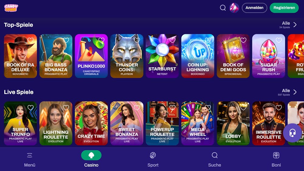Die Spielauswahl bei Candy Spinz Casino mit vielen verschiedenen Titeln wie Plinko1000 und Book of Ra Deluxe