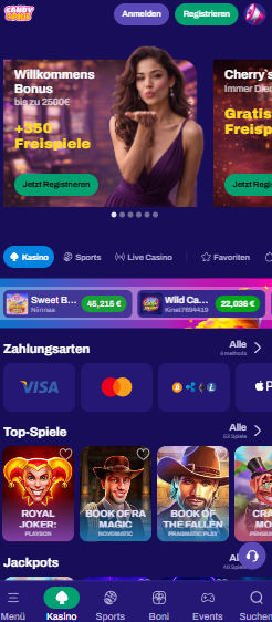 Die Homepage von Candy Spinz Casino mit Informationen über verschiedene Bonusangebote