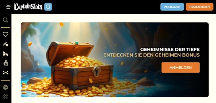 Captain Slots Casino mit der Startseitel, auf welcher das Willkommensangebot angezeigt wird.