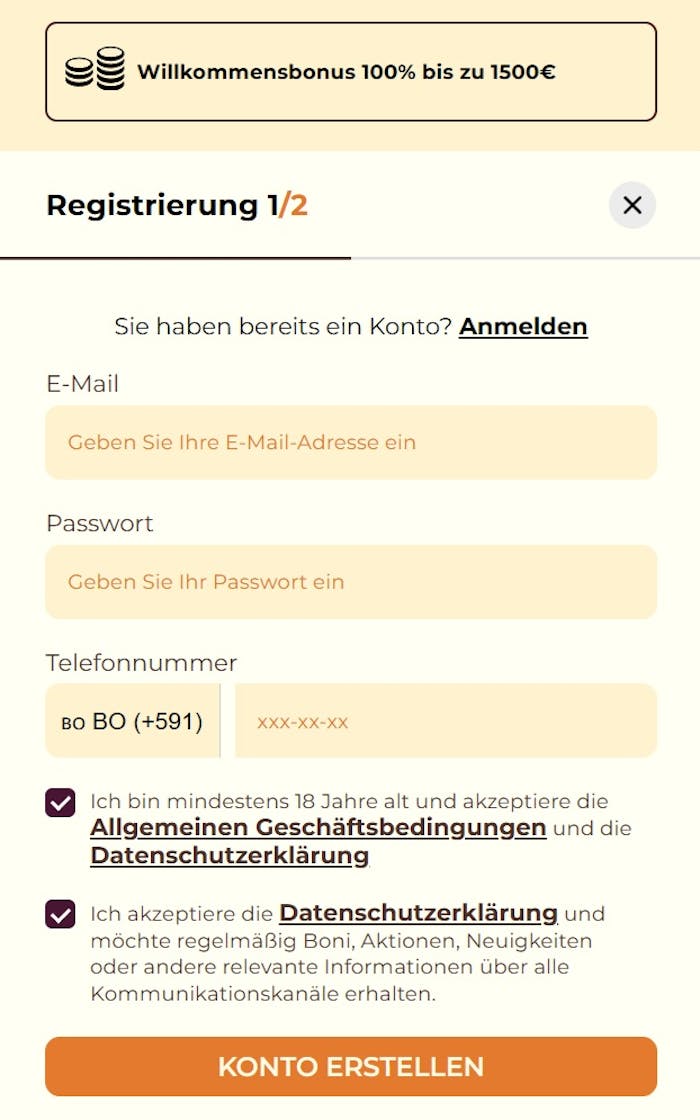 Screenshot von Captain Slots mit der Abmeldeseite, auf welcher man seine Daten eingibt.
