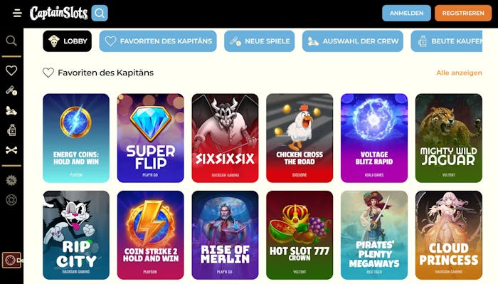 Screenshot von Captain Slots mit der Auswahl der Casino Slot Spiele.