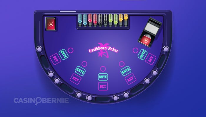 Caribbean Stud Poker Tisch für Stud Poker Regeln, zu sehen sind unterschiedliche Einsätze wie Bet und Ante.