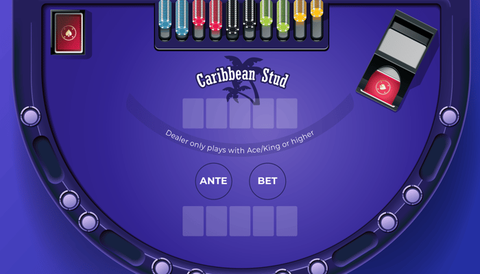 Caribbean Stud Poker Tisch mit Chip Fächern, Kartengeber, Einsatzfeldern für Ante und Bet und Hinweis zur Dealer-Qualifikation.
