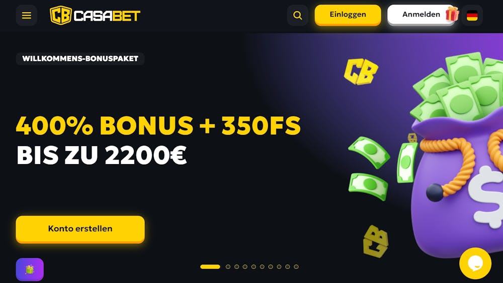 Die Homepage von Casabet Casino mit einer Beschreibung über den Willkommensbonus von 400 % bis zu 2.200 € + 350 FS