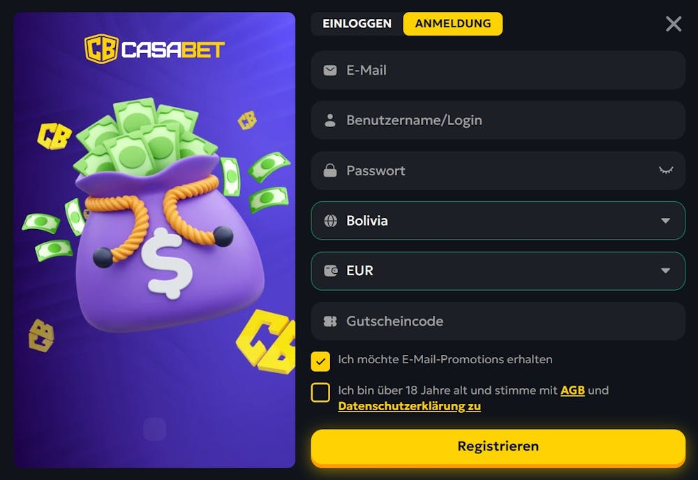 Das Registrierungsformular von Casabet Casino