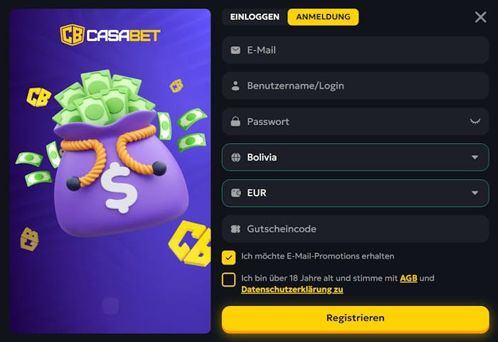 Das Registrierungsformular von Casabet Casino