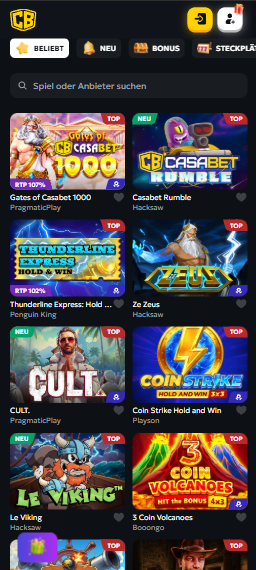 Die Spielauswahl bei Casasbet Casino mit vielen verschiedenen Titeln wie Casabet Rumble