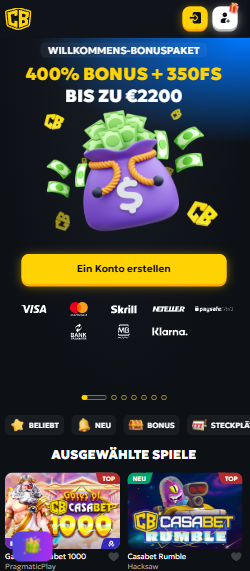 Die Homepage von Casabet Casino mit einer Beschreibung über den Willkommensbonus