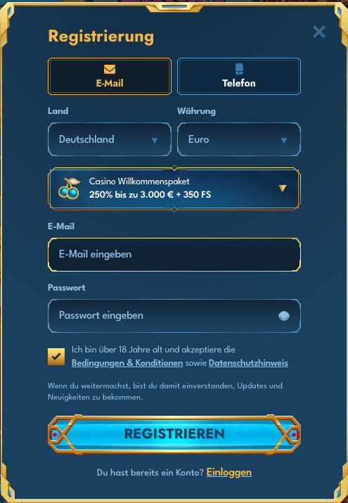 Anmeldeformular im Casea Casino