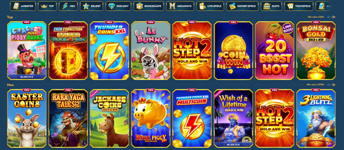 Spiellobby im Casea Casino zeigt top Spiele wie Coin Win neben anderen Spielkategorien