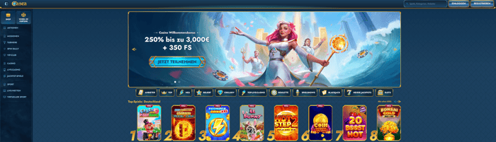 Startseite im Casea Casino zeigt Willkommensbonus, Menü und top Spiele