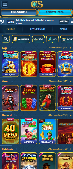Spiellobby im Casea Casino zeigt top Spiele wie Royal Strike neben anderen Spielkategorien