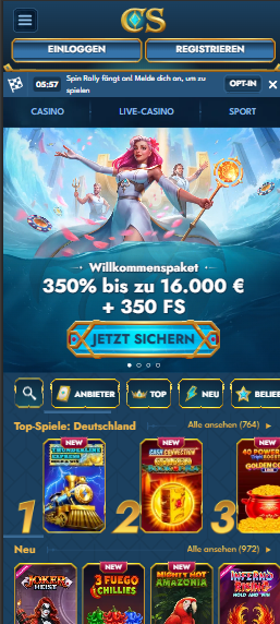 Startseite im Casea Casino zeigt Willkommensbonus, Menü und top Spiele