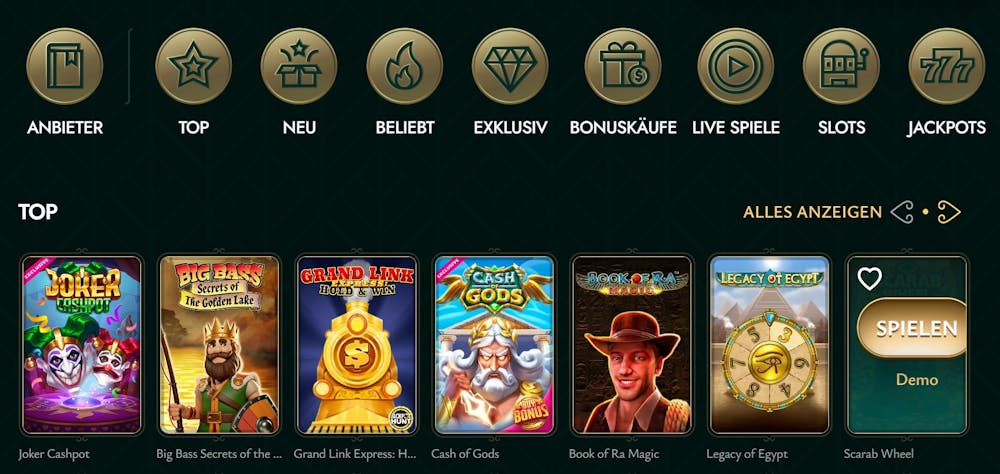 Cashed Casino Spiellobby zeigt top Spielautomaten wie Book of Ra neben anderen Kategorien