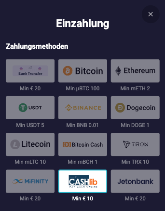 Auswahl von CASHlib als Zahlungsmethode im CASHlib Casino Kassenbereich