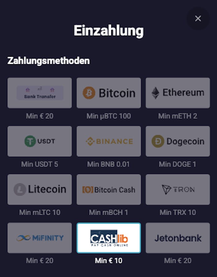 Auswahl von CASHlib als Zahlungsmethode im CASHlib Casino Kassenbereich