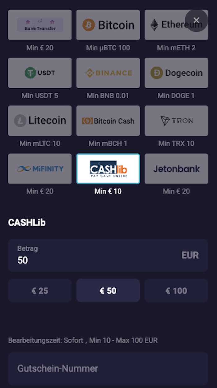 Eingabe der Gutscheinnummer im CASHlib Casino