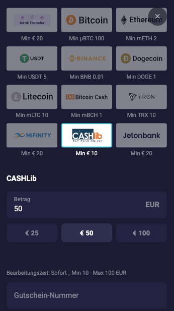 Eingabe der Gutscheinnummer im CASHlib Casino