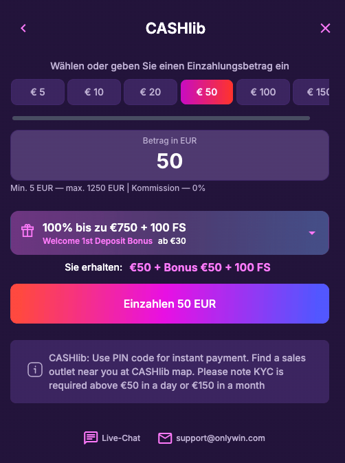 Einzahlung im CASHlib Casino Onlywin
