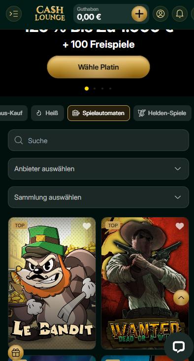 Spielauswahl im Paysafe Casino Cash Lounge