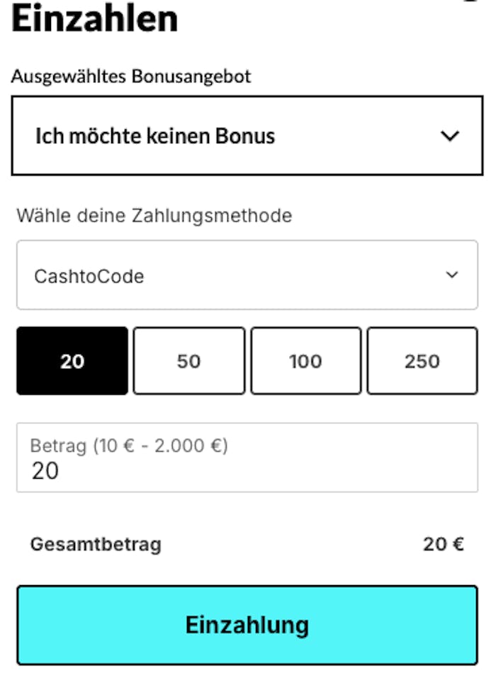 Auswahl der Zahlungsmethode in Cash to Code Casinos