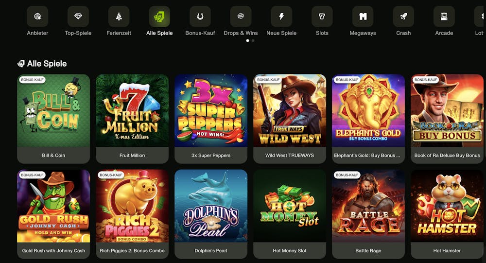 Spiellobby im Cashwin Casino zeigt alle Spiele wie Bill & Coi neben anderen Spielkategorien 