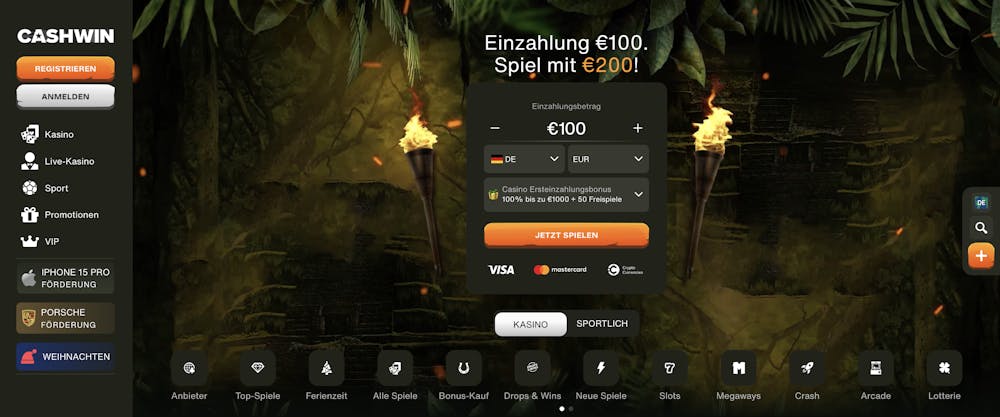 Startseite des Cashwin Casinos zeigt Anmeldeformular, Menü und Spielkategorien