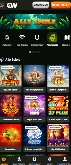 Spiellobby im Cashwin Casino zeigt alle Spiele wie Big Bass Splash neben anderen Spielkategorien