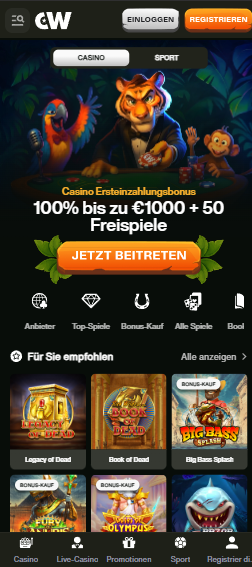 Startseite des Cashwin Casinos zeigt Anmeldeformular, Menü und Spielkategorien
