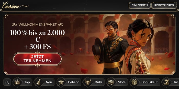 Casina Casino Screenshot mit dem Willkommesnbonus und Freispielen.