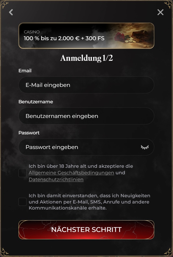 Casina Screenshot mit der Anmeldeseite.