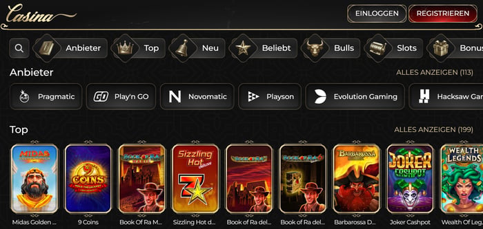 Casina Screenshot mit der Spieleseite und den Slots.