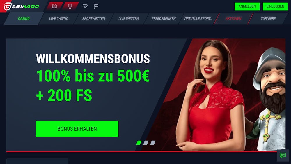 Startseite im Casinado Casino zeigt Willkommensbonus neben Casinobereichen