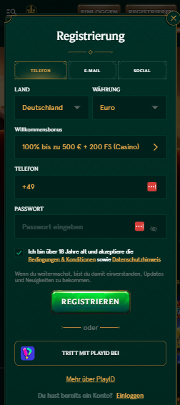 Anmeldeformular im Casinia Casino
