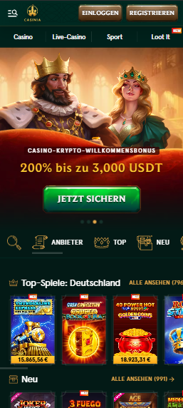 Startseite im Casinia Casino zeigt Krypto Willkommensbonus neben top Spielen