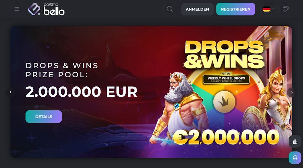 Startseite im Casino Bello zeigt Drops & Wins