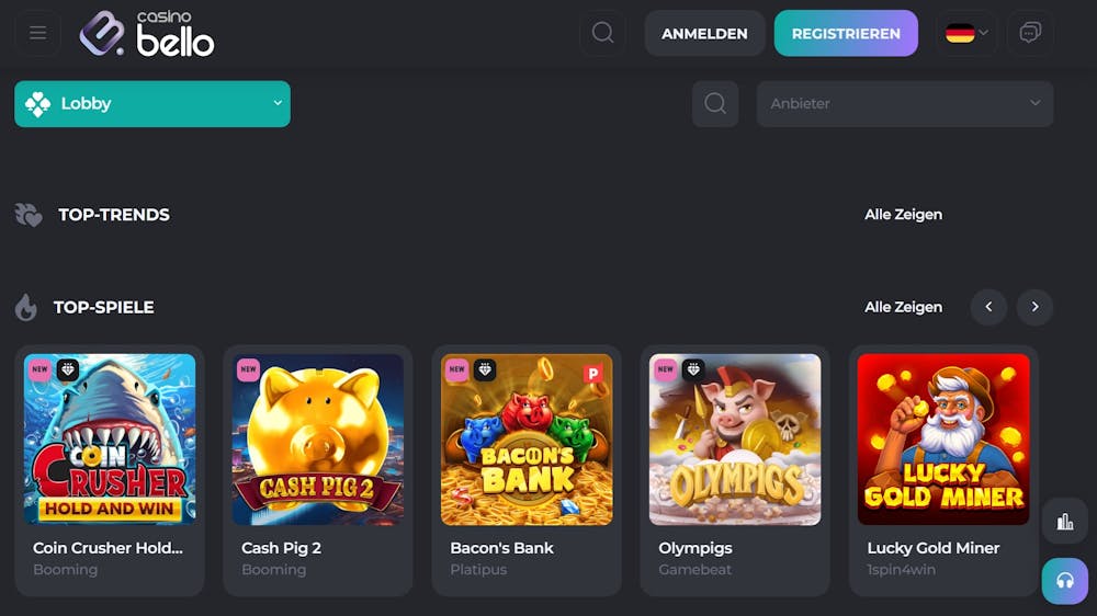 Casino Bello Spiellobby zeigt Top Spiele wie Olympigs neben anderen Spielkategorien