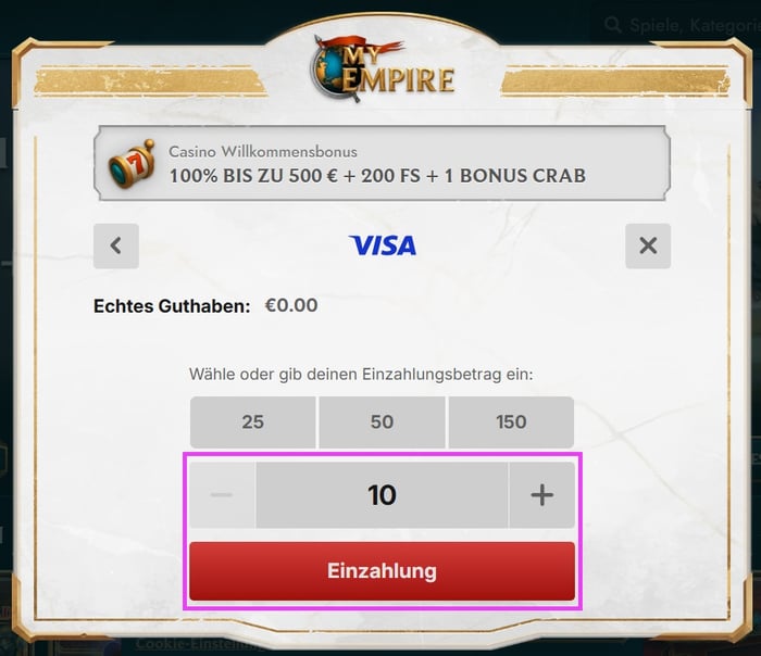 casino bonus mit 10 euro einzahlung Screenshot mit der Zahlungsseite, auf welcher man 10 Euro einzahlt.