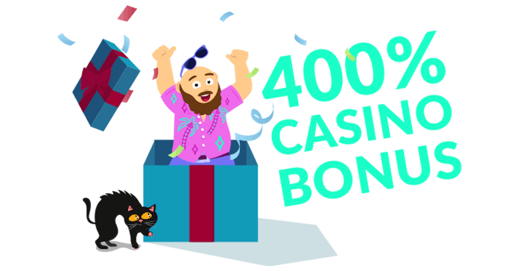 400 Casino Bonus Angebot, präsentiert von Casinobernie, welcher aus einem Geschenk springt, daneben der Schriftzug 400 % Casino Bonus.