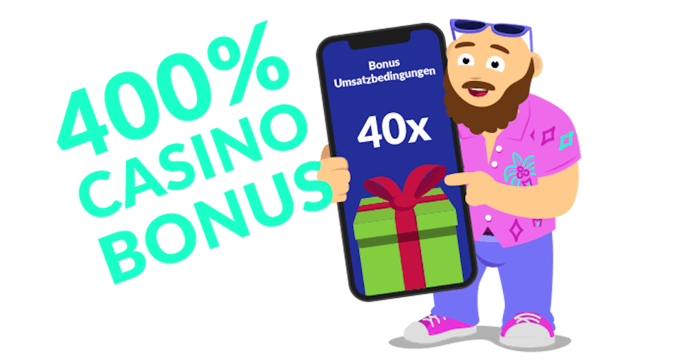 400 Casino Bonus Angebot präsentiert von Casinobernie, welcher neben einem Smartphone steht. Auf diesem ist ein Geschenk zu sehen mit 40x Umsatzbedingungen und neben dem Smartphone befindet sich der Schriftzug 400 % Casino Bonus.