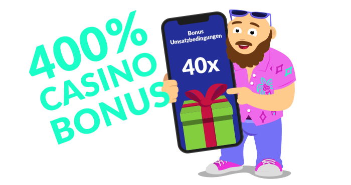 400 Casino Bonus Angebot präsentiert von Casinobernie, welcher neben einem Smartphone steht. Auf diesem ist ein Geschenk zu sehen mit 40x Umsatzbedingungen und neben dem Smartphone befindet sich der Schriftzug 400 % Casino Bonus.