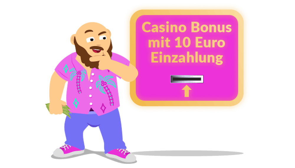 Casinobernie steht neben einer Box mit dem Text Casino Bonus mit 10 Euro Enzahlung, drunter befindet sich ein Geldautomat Schlitz. Casinobernie schaut nachdenktlich.